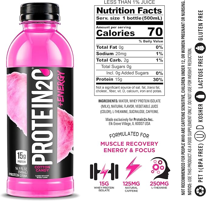 Protein2o 15g Whey Protein Infused Water Plus Energy & Focus, Cotton Candy, 16.9 oz Bottle (Pack of 12)