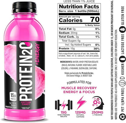Protein2o 15g Whey Protein Infused Water Plus Energy & Focus, Cotton Candy, 16.9 oz Bottle (Pack of 12)