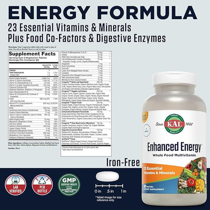 KAL® Enhanced Energy Multivitamin | Whole Food Based Vitamins & Minerals w/ Antioxidants, Digestive Enzymes & Natural Carotenoids | 180 Capsules