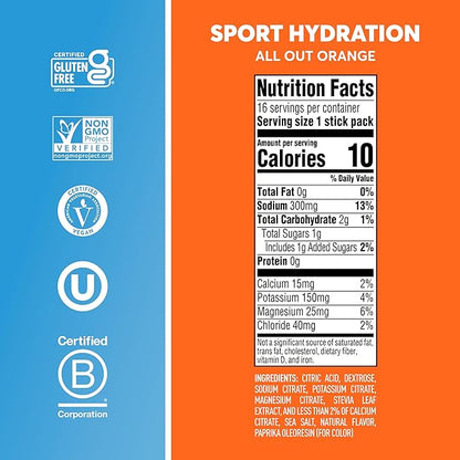 Nuun Sport Electrolyte Powder Packets - All Out Orange, 5 Essential Electrolytes for Hydration, Exclusive Orangetheory Fitness Flavor, 1g Sugar, Non GMO, Vegan, 16 Single Serving Sticks