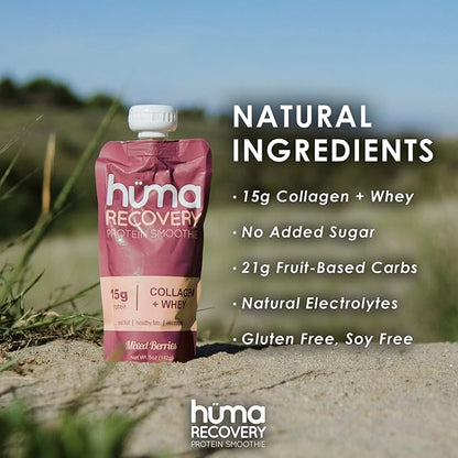 Huma Recovery Protein Smoothie, 6 Pouches – 15g Collagen + Whey Post Workout Recovery Drink – Ready-to-Drink Protein Shake with Real Fruit, Electrolytes, Healthy Fats