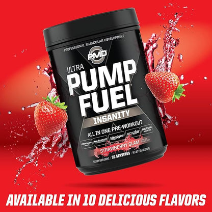 PMD Sports Ultra Pump Fuel Insanity - Pre Workout Drink Mix for Energy, Strength, Endurance, Recovery - Complex Carbohydrates and Amino Energy - Strawberry Slam (30 Servings)