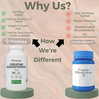PRISTINE'S Creatine Monohydrate Capsules for Women & Men - No Bloat 75 Day Supply 3G Muscle Growth Support Supplement - Cognitive & Athletic Performance Support - Enhanced Recovery
