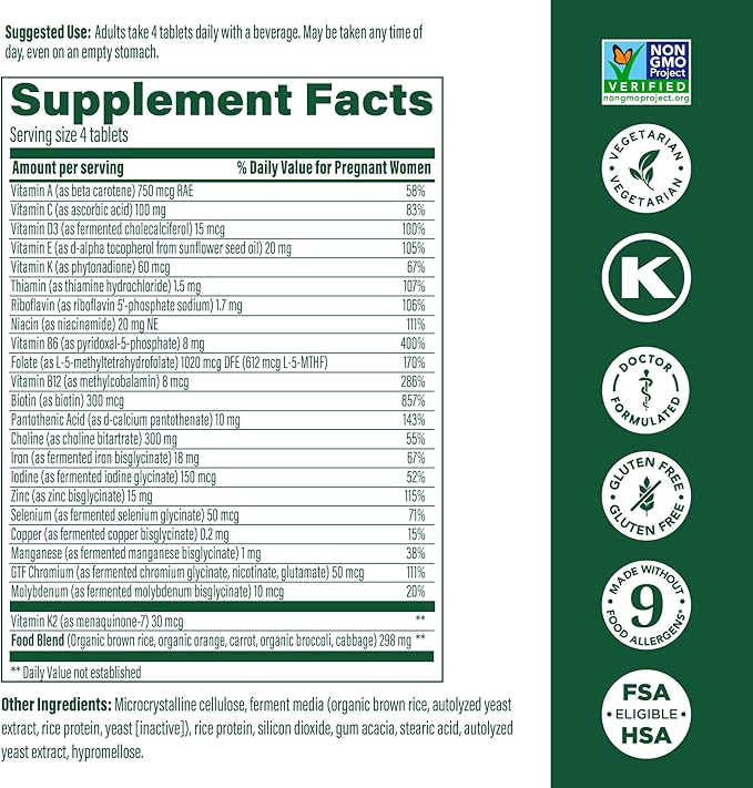 MegaFood Baby & Me 2 Prenatal Vitamin & Minerals - Vitamins for Women - with Folate (Folic Acid Natural Form), Choline, Iron, Iodine, Vitamin C, Vitamin D and More - 120 Mini Tabs (30 Servings)
