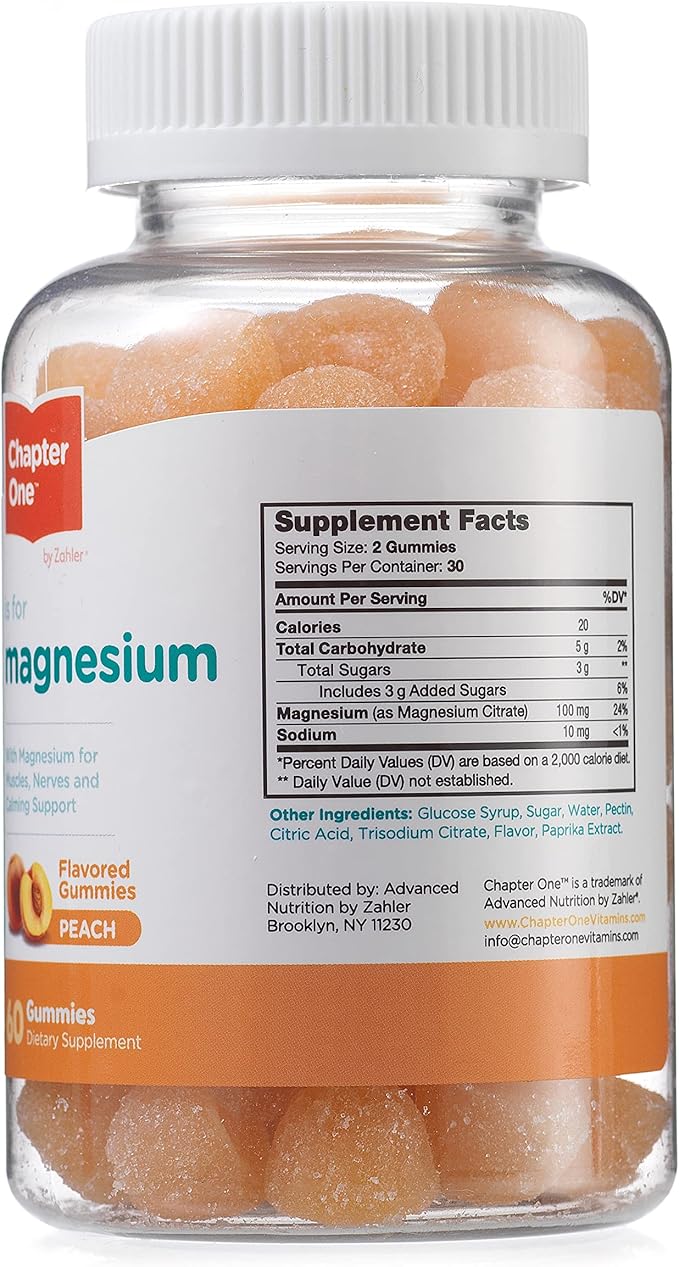 Chapter One Magnesium Gummies, Great Tasting Magnesium for Kids, Calm Kids Magnesium, Magnesium Gummies for Women and Men, Certified Kosher (Peach)