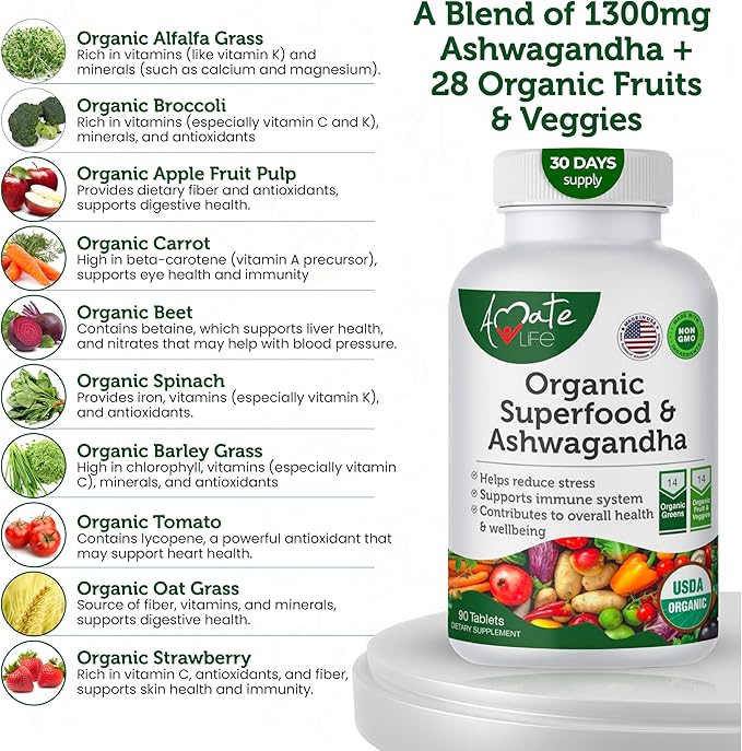 Organic Superfood Greens Fruits and Veggies Complex with Ashwagandha - 2 in 1 Supplement with 14 Greens and 14 Fruits & Vegetables with Organic Ashwagandha Rich in Antioxidants - Non-GMO 90 Tablets