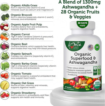 Organic Superfood Greens Fruits and Veggies Complex with Ashwagandha - 2 in 1 Supplement with 14 Greens and 14 Fruits & Vegetables with Organic Ashwagandha Rich in Antioxidants - Non-GMO 90 Tablets