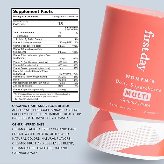 FIRST DAY Women’s Daily Supercharge Multivitamin Gummies – Vitamins A, B1, B6, B12, C, D3, E & K + Magnesium, Zinc, Biotin – Made w/Organic Fruits & Veggies, Only 2g Sugar – 30 Day Supply