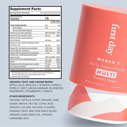 FIRST DAY Women’s Daily Supercharge Multivitamin Gummies – Vitamins A, B1, B6, B12, C, D3, E & K + Magnesium, Zinc, Biotin – Made w/Organic Fruits & Veggies, Only 2g Sugar – 30 Day Supply