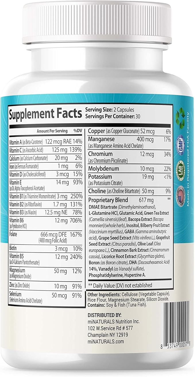 Brain Memory Supplement | Advanced Formula for Seniors | 60 ct Caffein Free Pills | Capsules with Vitamins and Bacopa Monnieri for Help with Cognitive Mind Health