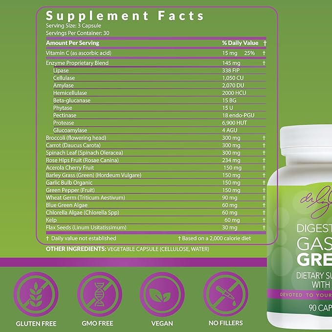 Dr. Liz Cruz Gastro Greens - Greens Supplement, Dietary Supplements with Herbs, Supplements for Women, Men, and Children, Non-GMO, Whole Food Based, 90 Veggie Capsules