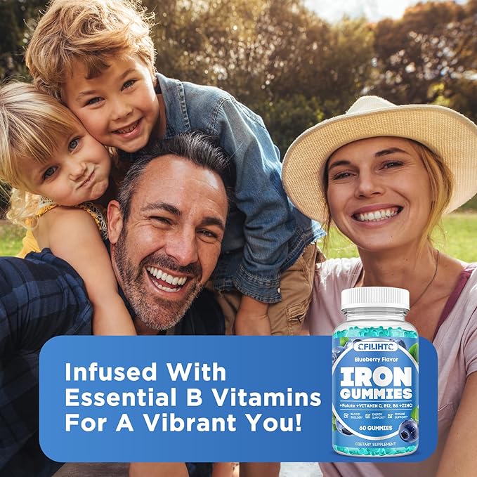 Iron Gummies for Women & Men - Iron Supplement with Vitamin B6, B12, C, Zinc, Folate for Adults & Kids - Support Iron Deficiency, Anemia, Energy Boost, Blood Builder - Sugar Free Vegan 60ct Blueberry