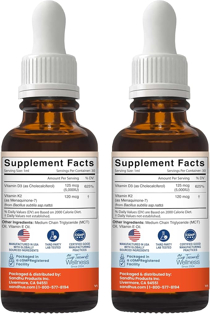 Sandhu's Vitamin D3 K2 Drops for Adults | 5000 IU D3 Liquid, 120mcg K2 Supplement | Supports Immune Health | 1 Fl Oz (Pack of 2)