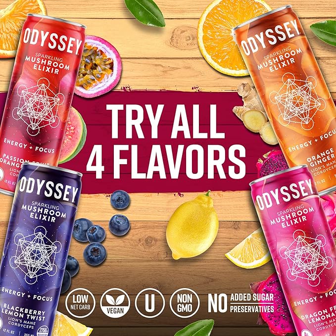 Odyssey Elixir Functional Beverage - Adaptogen Drink - Lions Mane, Cordyceps, L Theanine & Green Tea Caffeine - for Cognition, Energy & Mood Boost - 0 Added Sugar - Passion Fruit Orange Guava - 12 Pk