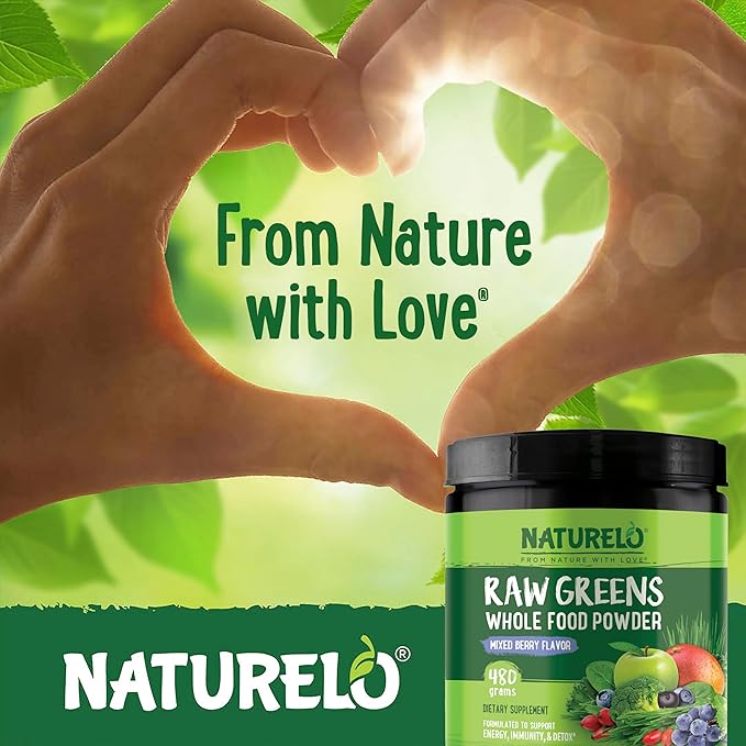 NATURELO Raw Greens Superfood Powder - Mixed Berry Flavor - Boost Energy, Detox, Enhance Health - Organic Spirulina - Wheat Grass - Whole Food Nutrition from Fruits & Vegetables - 480 Grams