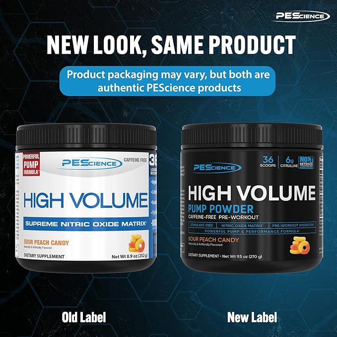 PEScience High Volume Nitric Oxide Booster Pump Pre Workout Powder, Sour Peach Candy, 36 Scoops, Caffeine Free