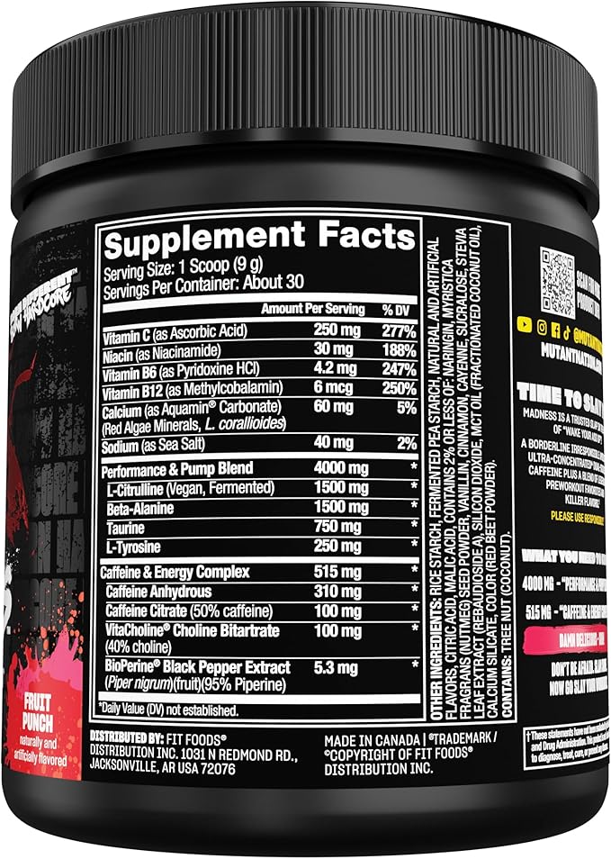 Mutant Madness | Pre Workout Powder Performance and Pump Blend Includes L-Citrulline, Beta-Alanine, Taurine, L-Tyrosine | 270G (9.52 OZ) 30 Serving | Fruit Punch