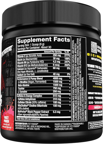 Mutant Madness | Pre Workout Powder Performance and Pump Blend Includes L-Citrulline, Beta-Alanine, Taurine, L-Tyrosine | 270G (9.52 OZ) 30 Serving | Fruit Punch