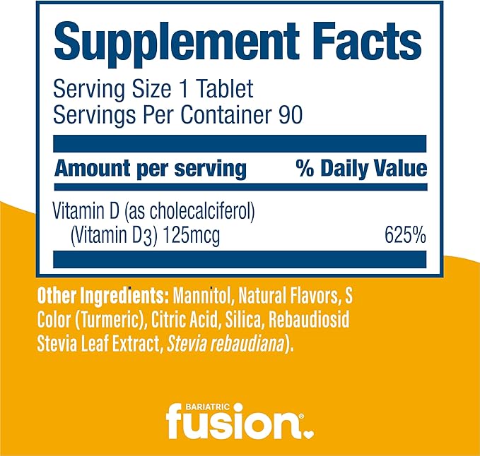 Bariatric Fusion Dissolvable Vitamin D3 5000 IU Quick Melt | Lemon Citrus Flavored Chewable Vitamin D Supplement | Healthy Bone Support* | Gluten, Dairy, and Soy Free | 90 Fast Melting Tablets