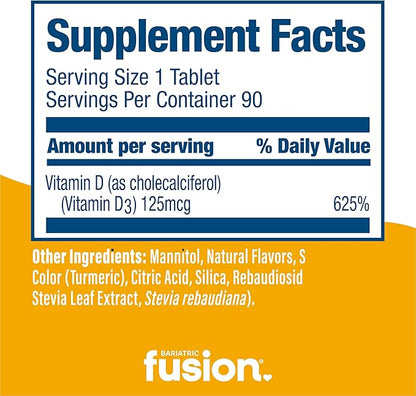 Bariatric Fusion Dissolvable Vitamin D3 5000 IU Quick Melt | Lemon Citrus Flavored Chewable Vitamin D Supplement | Healthy Bone Support* | Gluten, Dairy, and Soy Free | 90 Fast Melting Tablets