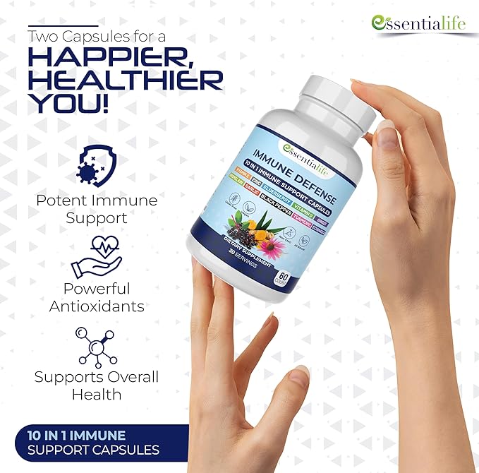 Immune Support Supplement 10 in 1 Elderberry, Echinacea, Vitamin D, Vitamin C 1000mg & Zinc Supplement - Take Charge of Your Health with Immune Booster for Adults - 60 Vitamins Capsules