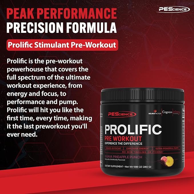 PEScience Prolific Pre Workout Powder, Guava Pineapple Punch, 40 Scoop, Energy Supplement with Nitric Oxide