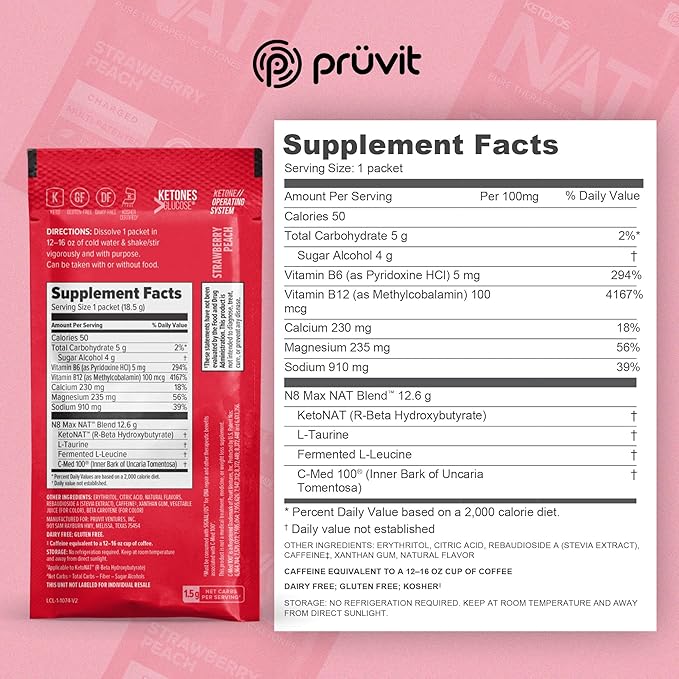 PRÜVIT Keto//OS NAT® Strawberry Peach Keto Supplements – Charged - Exogenous Ketones - BHB Salts Ketogenic Supplement for Workout Energy Boost for Men and Women (20 Count)