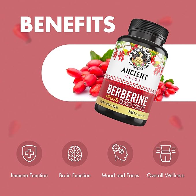 Ancient Bliss Berberine HCL 1200mg with Ceylon Cinnamon, Bitter Melon, and Green Tea Extract - 120 Capsules Supports Glucose Metabolism, Immune System