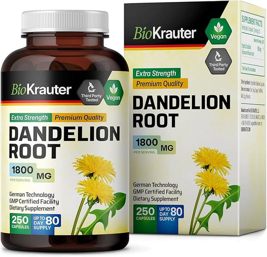 BIO KRAUTER Dandelion Root Capsules - 1800 mg Strength - 250 Count - Dandelion Root Supplement - Vegan Dandelion Powder Capsules for Digestion, Liver Support, Cleansing and Immunity