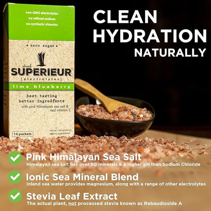 Superieur Electrolyte Powder Packets - Vegan Electrolyte Hydration Powder w/Sea Minerals - Keto Friendly, Non-GMO, Zero Sugar Electrolyte Supplement-Healthy Sports Drink -Lime Blueberry (14 Packets)