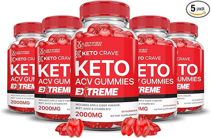 (5 Pack) Keto Crave Keto ACV Gummies Extreme 2000MG Keto Crave Keto Gummies Advanced Formula Apple Cider Vinegar with Pomegranate Beet Juice Powder B12 Vegan Non GMO 300 Gummys