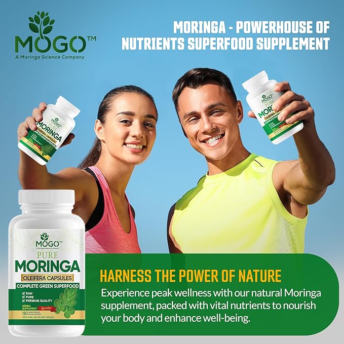 MOGO Organic Moringa Powder Capsules,180 Ct | Moringa Supplement for Energy, Immunity & Joint Health, Our Moringa Capsule Made with Pure Moringa Powder Organic,Vegan and Non GMO.