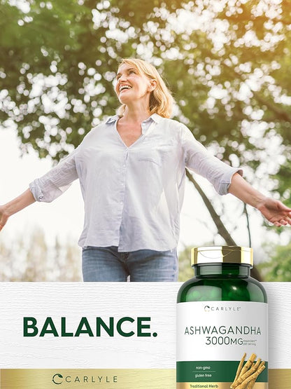 Carlyle Ashwagandha Supplement 3000mg | 300 Capsules | Root Extract for Women and Men | Non-GMO, Gluten Free