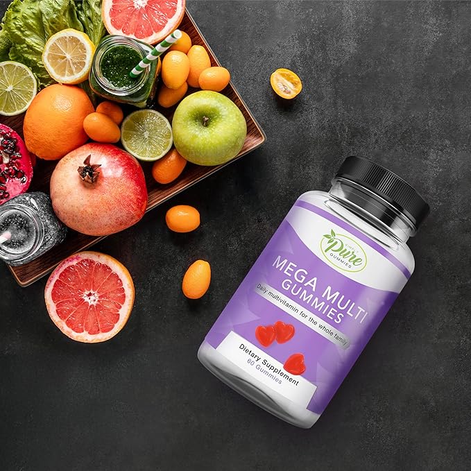 Pure By Nature Mega Multi Gummies, Natural Flavored Multi Vitamin Gummies for Women & Men, Dietary Supplement, Multivitamin for Men with Vitamins A, D2, C, E, K, Biotin, Folic Acid (60 Count)