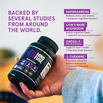 Nootropic Memory Booster Supplement for Adults - Lion’s Mane Capsules with Omega-3, Ashwagandha & L-Theanine for Focus & Memory - Gluten-Free 60 Capsules