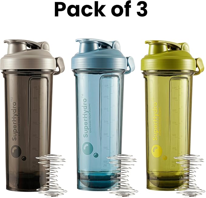 Super Hydro Protein Shaker Bottle [3 PACK] - 28 Oz. BPA-Free, Non-Toxic, Durable, Leak Proof, Eco-Tritan, Best for Travel, Sports, Gym Fitness for Men & Women (Midnight Blue, Moss Marvel, Shadow Mist)