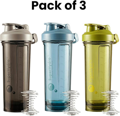 Super Hydro Protein Shaker Bottle [3 PACK] - 28 Oz. BPA-Free, Non-Toxic, Durable, Leak Proof, Eco-Tritan, Best for Travel, Sports, Gym Fitness for Men & Women (Midnight Blue, Moss Marvel, Shadow Mist)