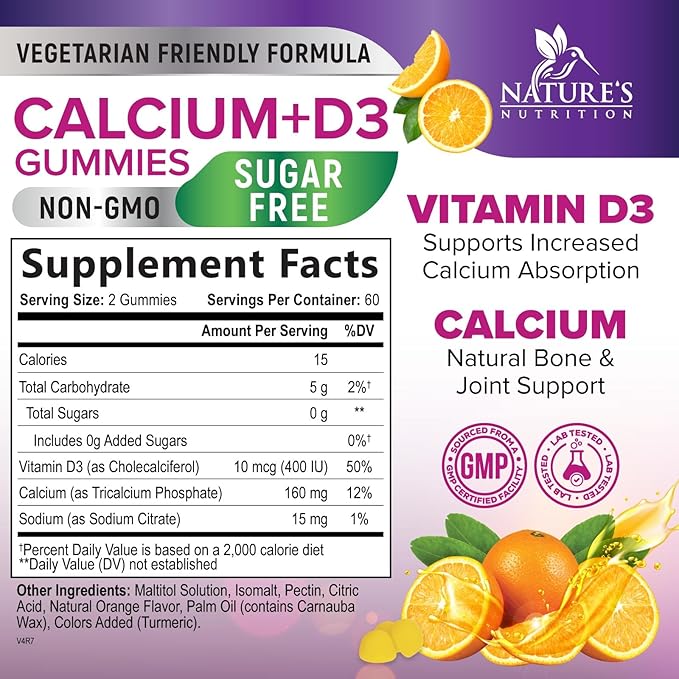 Sugar Free Calcium Gummy Bites Plus 400 IU Vitamin D3, Bone Health & Immune Support - Chewable Calcium Nutrition Supplement, Non-GMO, Orange Flavor Chews - 120 Gummies