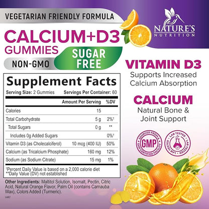 Sugar Free Calcium Gummy Bites Plus 400 IU Vitamin D3, Bone Health & Immune Support - Chewable Calcium Nutrition Supplement, Non-GMO, Orange Flavor Chews - 120 Gummies