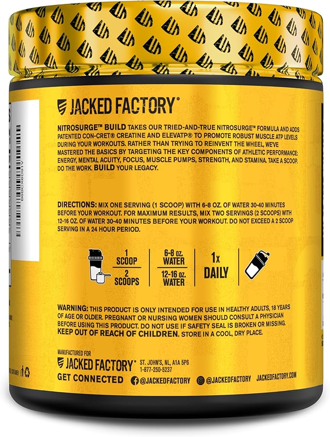 Jacked Factory Nitrosurge Build Pre Workout with Creatine for Muscle Building - Con Cret Creatine Powder & elevATP for Intense Energy, Powerful Pumps, & Endless Endurance - 30 Servings, Arctic White