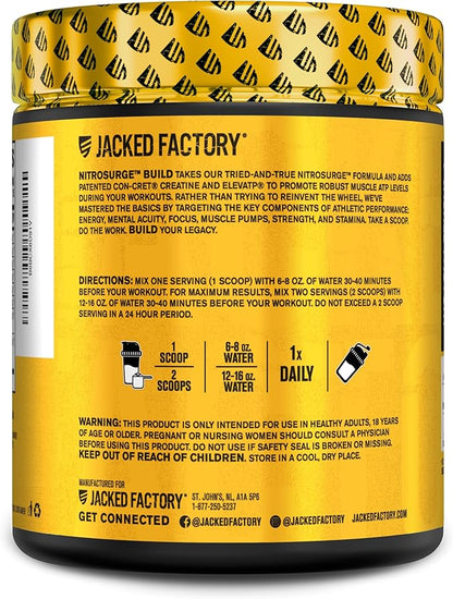 Jacked Factory Nitrosurge Build Pre Workout with Creatine for Muscle Building - Con Cret Creatine Powder & elevATP for Intense Energy, Powerful Pumps, & Endless Endurance - 30 Servings, Arctic White
