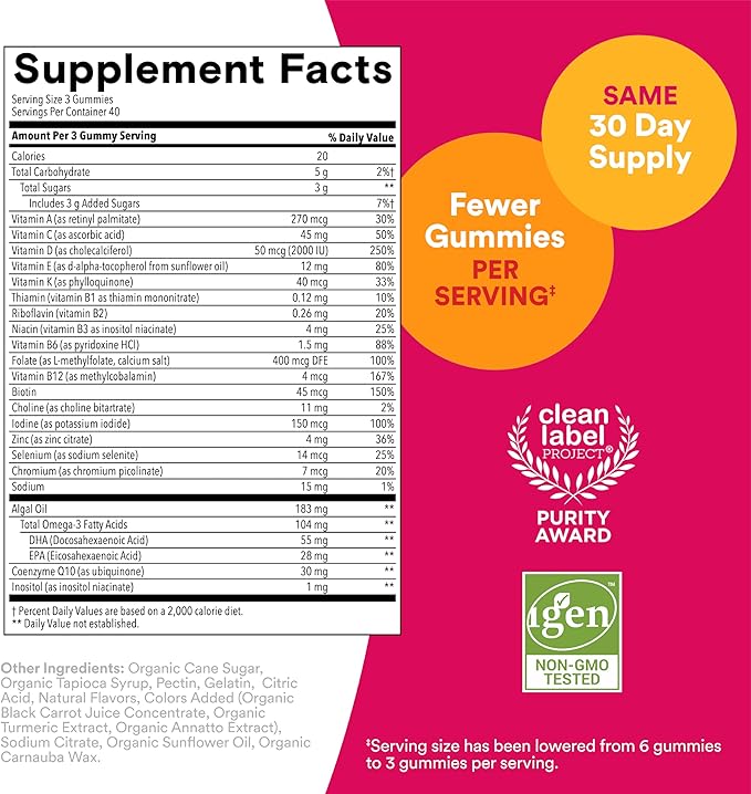 SmartyPants Women's Multivitamin Gummies - Improved Formula: Omega 3 (DHA/EPA), Methylfolate, CoQ10, Vitamin D3, C, Vitamin B12, B6, Vitamin A, K & Zinc, Gluten Free, 90 Count (30 Day Supply)