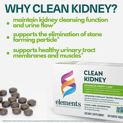 Elements Clean Kidney, 60 Tablets (30 Day Supply), Advanced Kidney Care Supplement, Supports Kidney and Urinary Tract Health and Normal Kidney Function, Gluten Free,