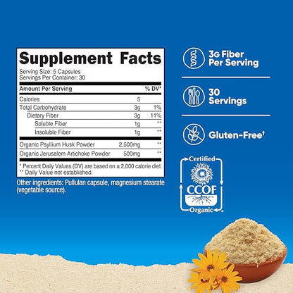 Nutricost Fiber Capsules with Prebiotic Fiber Supplement 150 Capsules - CCOF Certified Supplement, Made with Organic Psyllium Husk & Organic Jerusalem Artichoke, Gluten Free, 3 G Per Serving