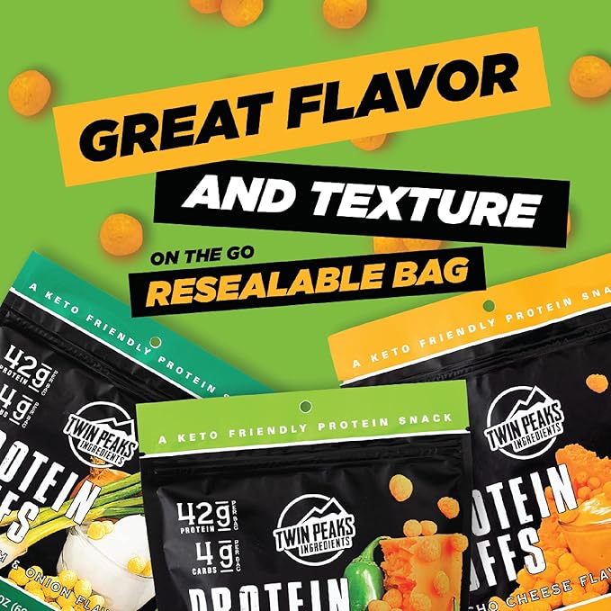 Twin Peaks Low Carb, Keto Friendly Protein Puffs, (Combo Pack, 2.1 Ounce), 2 Servings, 3 Pack (60g, 42g Protein, 4g Carbs)