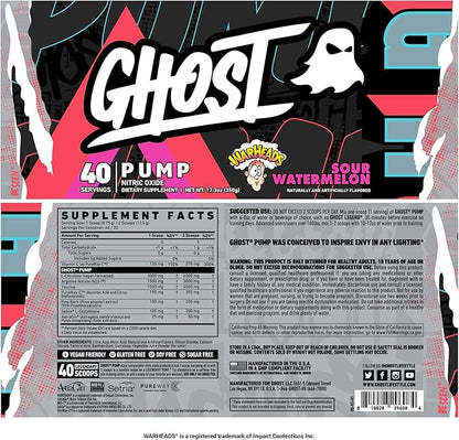 GHOST Pump Nitric Oxide Powder, Warheads Sour Watermelon - 40 Servings - Sugar & Stim-Free Pre-Workout Supplements- L-Citrulline, Arginine Nitrate & L-Glutathione - Soy & Gluten-Free, Vegan