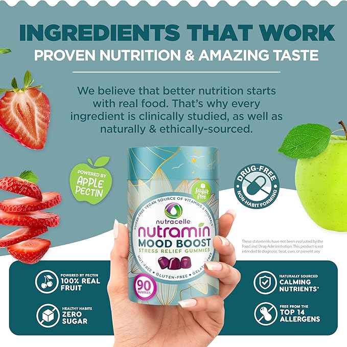 NUTRAMIN Mood Boost Multivitamin Gummy - Delicious & Yummy Anti-Stress Magnesium Ashwagandha Gummies + B Complex Vitamins for Focus and Calm - Sugar-Free, Vegan, Gluten-Free, Allergy-Safe (90 Count)