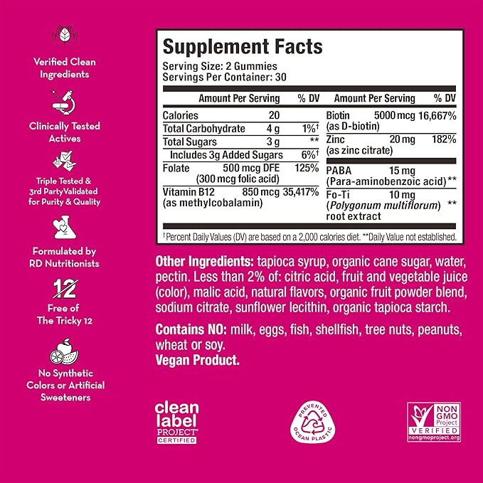 HUM Hair Strong - Daily Gummies with Biotin to Improve Hair Growth - Fo Ti, Folic Acid, Zinc, Vitamin B12 & PABA to Support Healthy Hair, Skin and Nails for Women and Men (60-Count)
