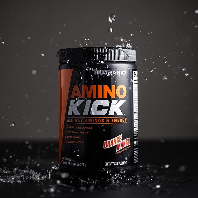 NutraBio Amino Kick - BCAA's, Electrolytes for Hydration, Natural Caffeine- 30 Servings- (Orange Mango)