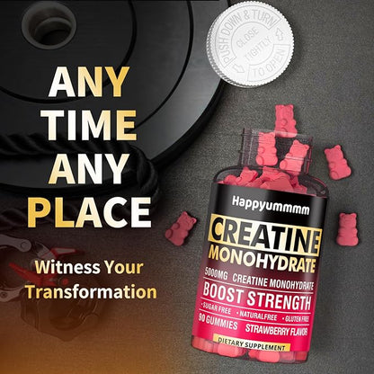 Creatine Monohydrate Gummies for Men & Women-5g of Creatine Monohydrate per Serving - Sugar Free,Vegan, Strawberry Flavor, 180 Count-2pack.